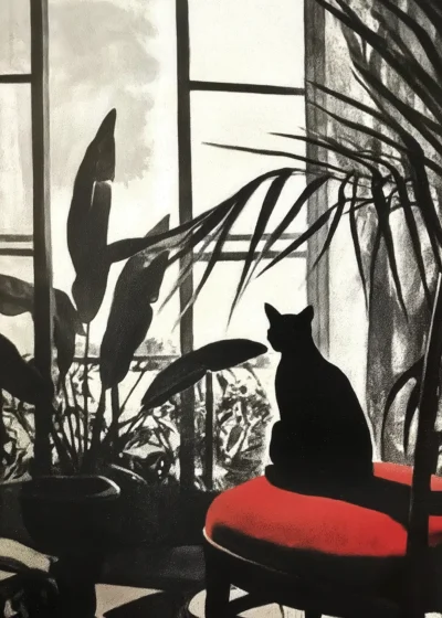 Plakat Czarny kot na czerwonym krześle