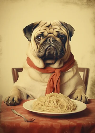 Plakat Pies Buldog przy spaghetti