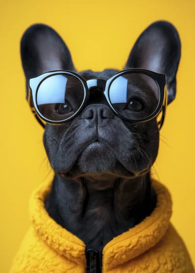 Plakat Portret psa Buldog francuski w sweterku i okularach