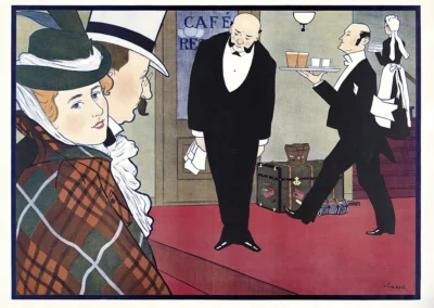 Plakat Mężczyzna i kobieta oraz dwóch kelnerów