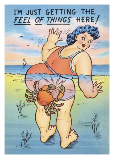 Plakat Vintage Kobieta z krabem stara pocztówka z USA