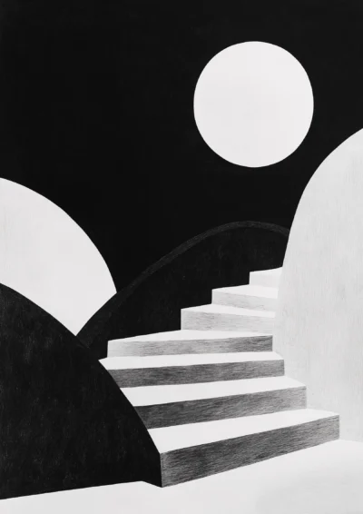 Plakat Czarno-biała abstrakcja schodów w księżycową noc