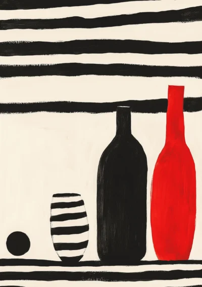 Plakat Martwa natura - butelki, waza i wzór w paski