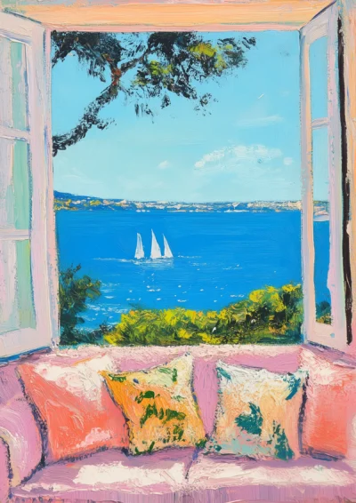 Plakat widok przez okno na żaglówki na morzu