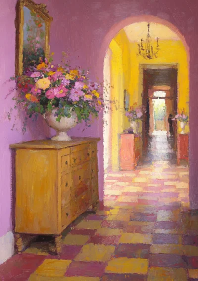 Plakat malowniczy hol i kwiaty na różowym tle