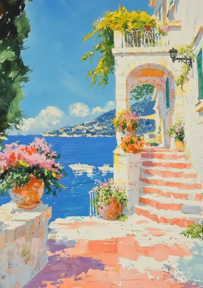 Plakat malowniczy śródziemnomorski krajobraz z łodziami