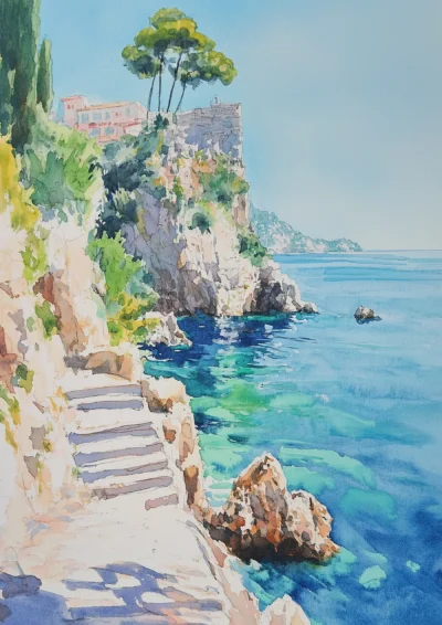 Plakat Śródziemnomorski krajobraz z klifami i zatoką