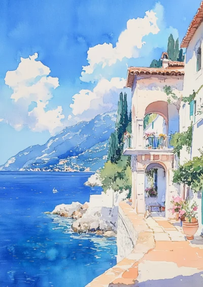 Plakat Malownicza willa nad brzegiem morza we Włoszech