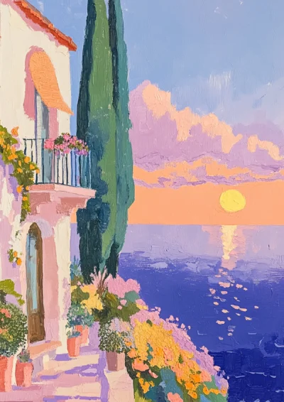 Plakat Śródziemnomorskie widoki z chwytającym za serce zachodem słońca