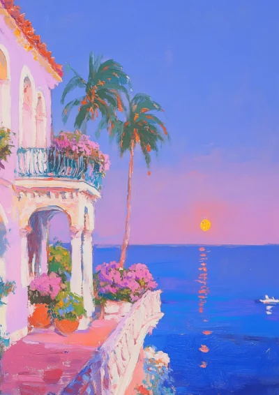 Plakat luksusowy pejzaż z widokiem na morze i balkon