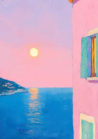 Plakat Morze i księżyc w pastelowych kolorach