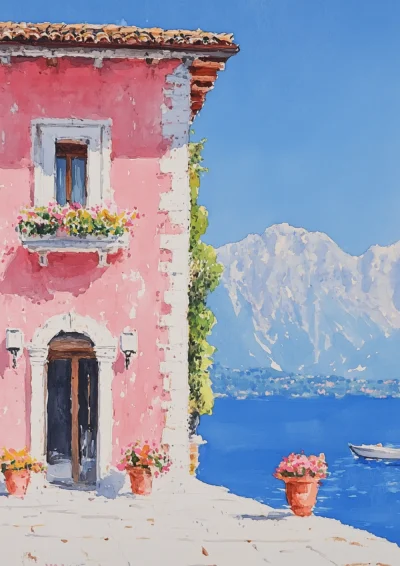 Plakat Włoski dom nad lazurowym morzem z górami