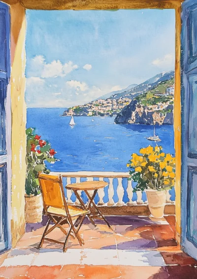 Plakat Balkon z widokiem na lazurowe morze i skały