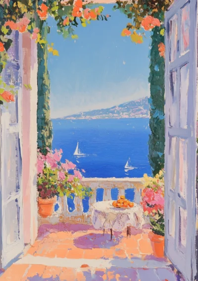 Plakat Kolorowy taras nad wybrzeżem Morza Śródziemnego