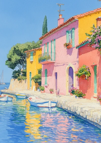 Plakat Przystań rybacka z kolorowymi domkami nad wodą