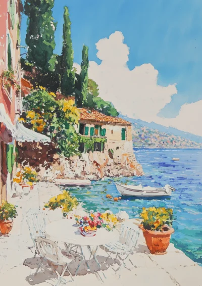 Plakat Przytulna włoska wioska nad brzegiem morza