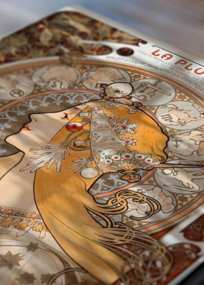 Zbliżenie na plakat: La Plume Alfons Mucha 1899 secesja art nouveau