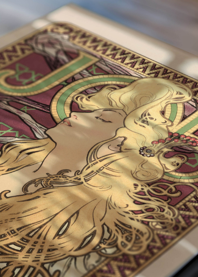Zbliżenie na plakat: JOB Alfons Mucha secesja kobieta Art Nouveau
