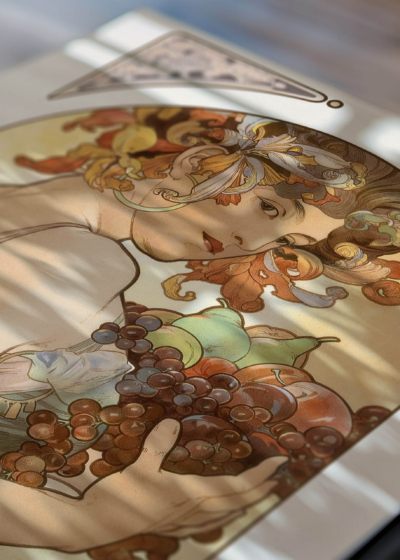 Zbliżenie na plakat: Alfons Mucha kobieta jesień winogrona secesja