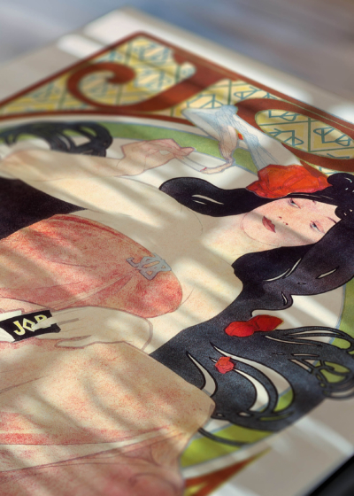 Zbliżenie na plakat: Job Alfons Mucha 1896 secesja Art Nouveau