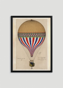 Plakat w drewnianej czarnej ramce: Trójkolorowy balon latający nr 1 (1874)