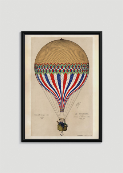 Plakat w drewnianej czarnej ramce: Trójkolorowy balon latający nr 1 (1874)