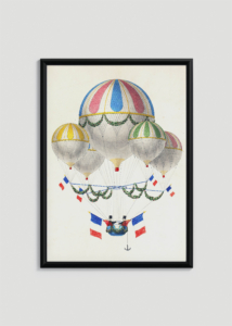 Plakat w drewnianej czarnej ramce: Francuskie balony na ogrzane powietrze