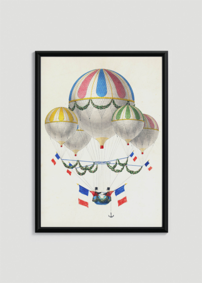 Plakat w drewnianej czarnej ramce: Francuskie balony na ogrzane powietrze