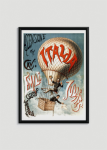 Plakat w drewnianej czarnej ramce: Balon latający Ascensione del cavaliere Emile Julhes (1890)