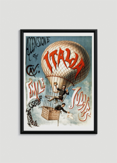 Plakat w drewnianej czarnej ramce: Balon latający Ascensione del cavaliere Emile Julhes (1890)