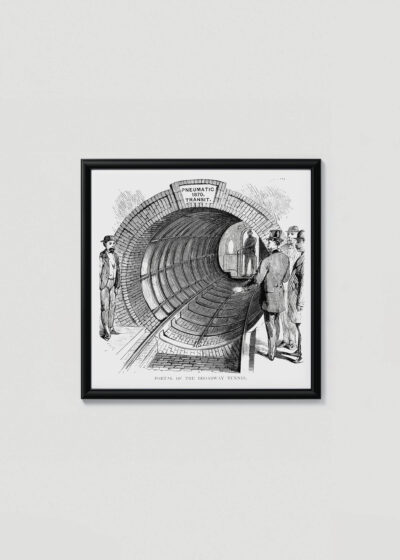 Plakat w drewnianej czarnej ramce: Portal of The Broadway Tunnel Broadway Underground Railway Nowy Jork 1870