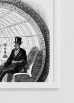 Zbliżenie na detale plakatu oprawionego w drewnianą białą ramkę od Plakatello®: Interior of the Pneumatic Passenger-Car Broadway Underground Railway 1872 Nowy Jork