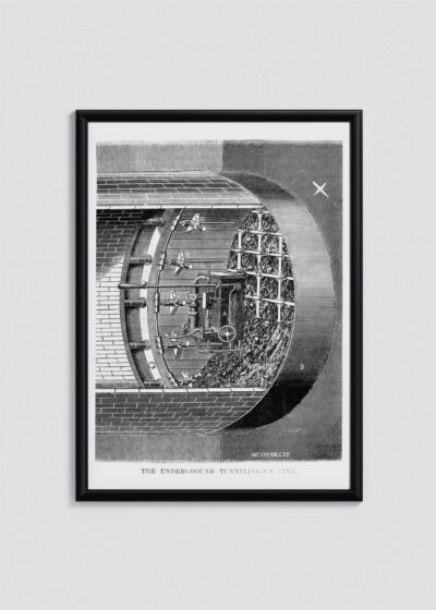 Plakat oprawiony w drewnianą brązową ramkę Vintage Italia: The Underground Tunneling Machine vintage Nowy Jork 1872