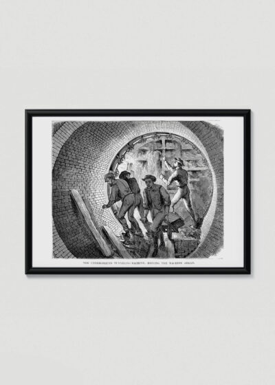 Plakat w drewnianej czarnej ramce: wizja budowy metra Broadway Underground Railway Nowy Jork 1872