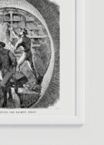 Zbliżenie na detale plakatu oprawionego w drewnianą białą ramkę od Plakatello®: wizja budowy metra Broadway Underground Railway Nowy Jork 1872