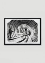 Plakat w drewnianej czarnej ramce: widok z tunelu na stację Broadway Underground Railway 1872 Nowy Jork