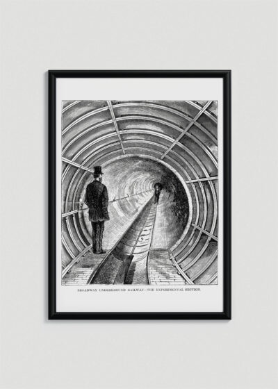Plakat w drewnianej czarnej ramce: eksperymentalna sekcja Broadway Underground Railway metro Nowy Jork 1872