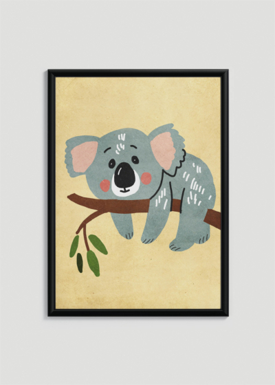 Plakat w drewnianej czarnej ramce: do pokoju dziecięcego koala na gałęzi eukaliptusa pastelowe kolory