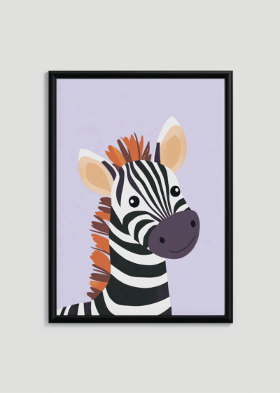 Plakat w drewnianej czarnej ramce: do pokoju dziecięcego zebra z kolorową grzywą skandynawski
