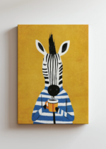 zebra w swetrze z kawą na żółtym tle do pokoju dziecięcego obraz na płótnie
