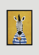 Plakat w drewnianej czarnej ramce: zebra w swetrze z kawą na żółtym tle do pokoju dziecięcego