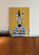 zebra w swetrze z kawą na żółtym tle do pokoju dziecięcego obraz na płótnie