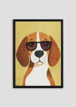 Plakat w drewnianej czarnej ramce: do pokoju dziecięcego pies w okularach vintage