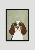 Plakat w drewnianej czarnej ramce: pies w okularach vintage ilustracja do pokoju dziecięcego