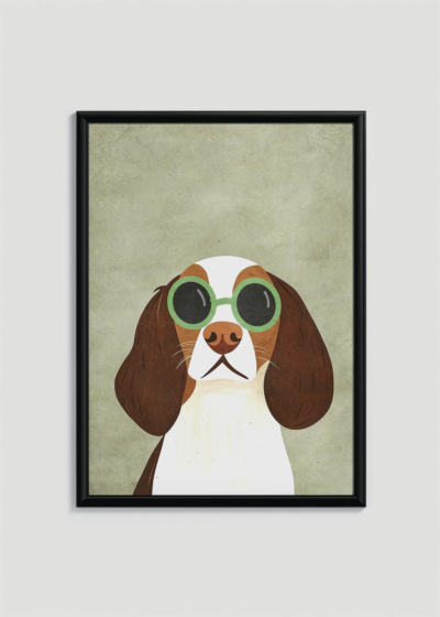 Plakat w drewnianej czarnej ramce: pies w okularach vintage ilustracja do pokoju dziecięcego