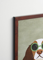 Plakat oprawiony w drewnianą brązową ramkę Vintage Italia: pies w okularach vintage ilustracja do pokoju dziecięcego