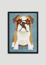 Plakat w drewnianej czarnej ramce: buldog angielski w okularach w gwiazdki do pokoju dziecięcego