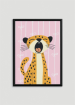 Plakat w drewnianej czarnej ramce: do pokoju dziecięcego ziewający gepard safari