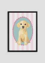 Plakat w drewnianej czarnej ramce: vintage szczeniak labrador do pokoju dziecięcego