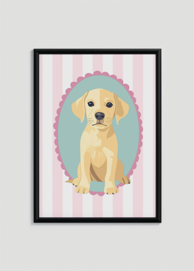 Plakat w drewnianej czarnej ramce: vintage szczeniak labrador do pokoju dziecięcego